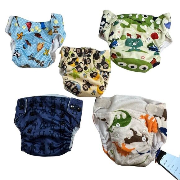 Set Of 5 Reusable Baby Cloth Diapers Fun Prints Cowboys Monkeys Robots Dinosaurs - Picture 1 of 8